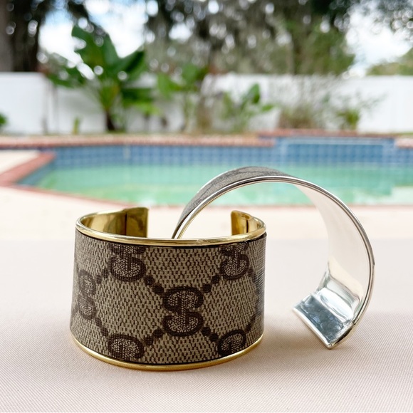 Gucci Monogram Wide Cuff Bangle in Gold - Picture 3 of 11